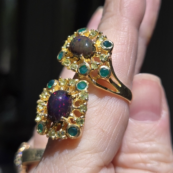 Opal green 💚 Onyx & Peridot sterling &gold ring sz8 adjustable - Picture 10 of 10